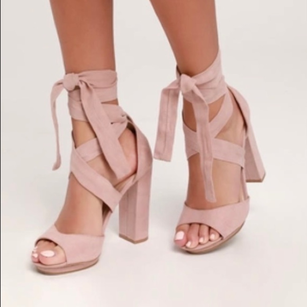 Lulu’s Dorian Blush Suede Lace Up Heels